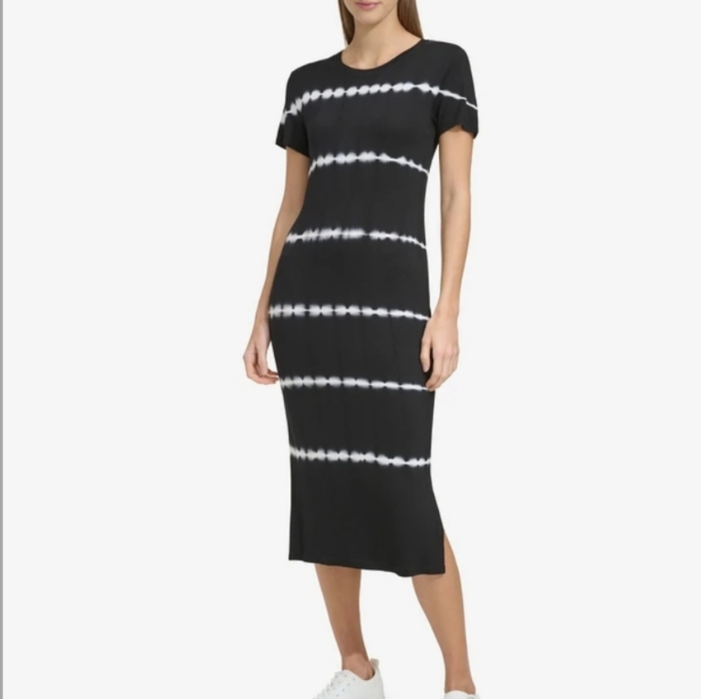 Andrew Marc Black And White Women's Jersey Knit Tie Dye Midi Dress Size L